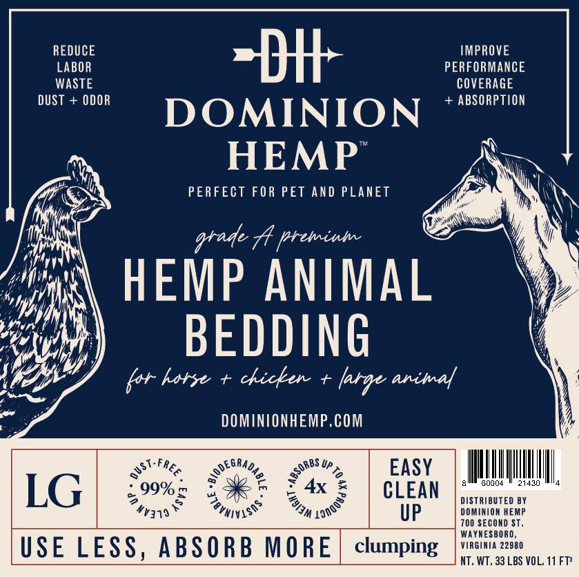 Label for large bag of Dominion Hemp's hemp animal bedding.